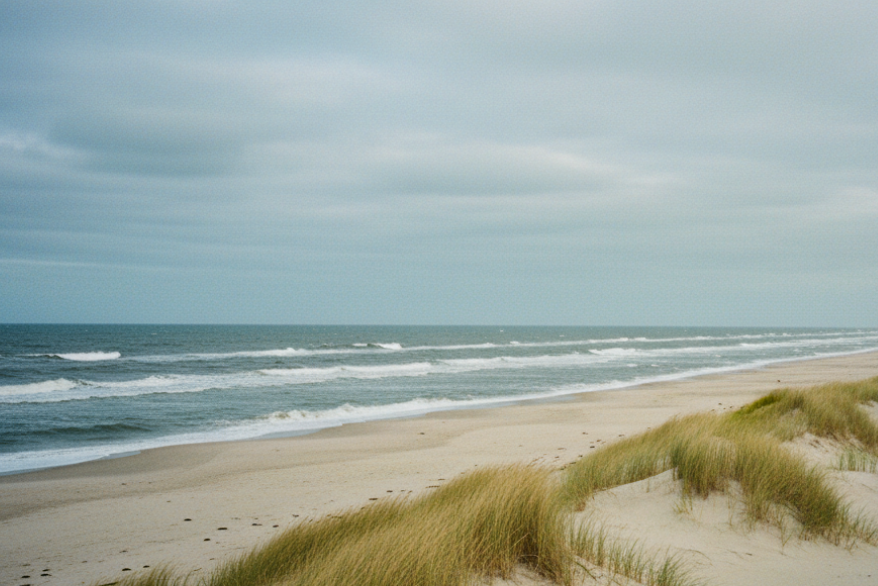 Beach scene with sand dunes and ocean waves under a cloudy sky